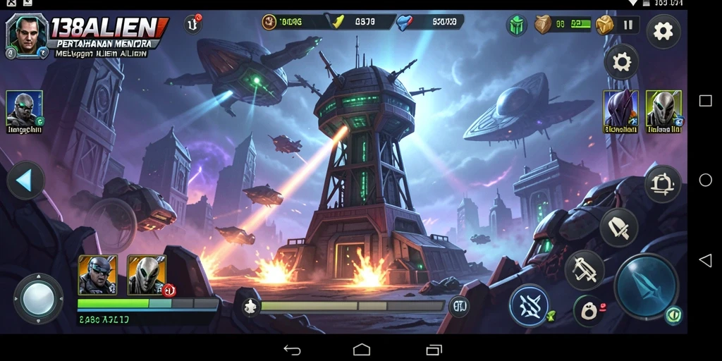 Tampilan gameplay menara pertahanan melawan alien yang seru.