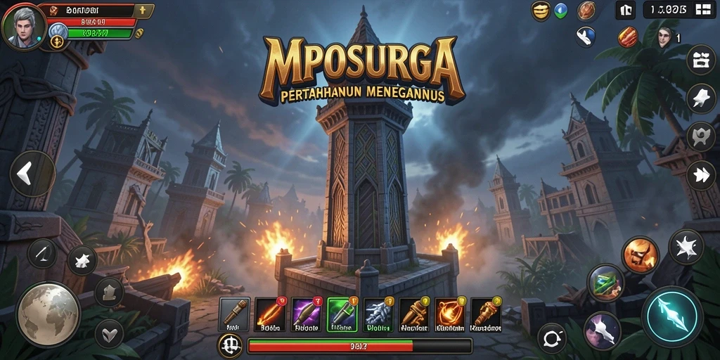 Tangkapan layar gameplay MPOSURGA yang menampilkan menara dan musuh.
