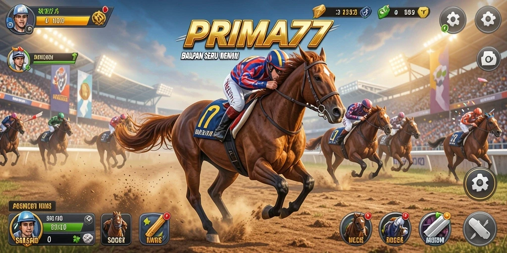 Screenshot dari gameplay PRIMA77 menunjukkan aksi balapan yang menegangkan.